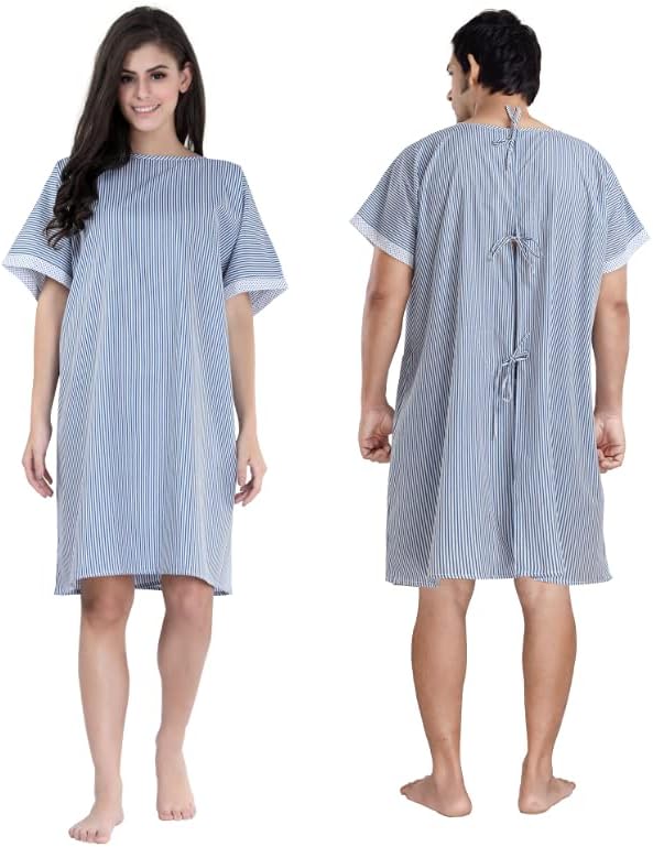 PIU Hospital Patient Care Centre Open OT Gown | Poly Cotton Comfortable Patient Wear for Men and Women | Both Side Wearable | Blue Lines | Free Size Fits Upto 4XL