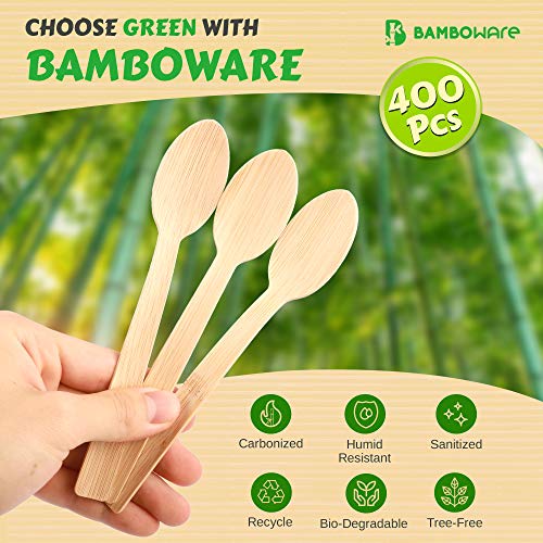 100% Bamboo Utensils - 400 Carbonized Spoons Disposable Cutlery Biodegradable And Sanitized - Heavy Duty & Fully Functional #TOP1
