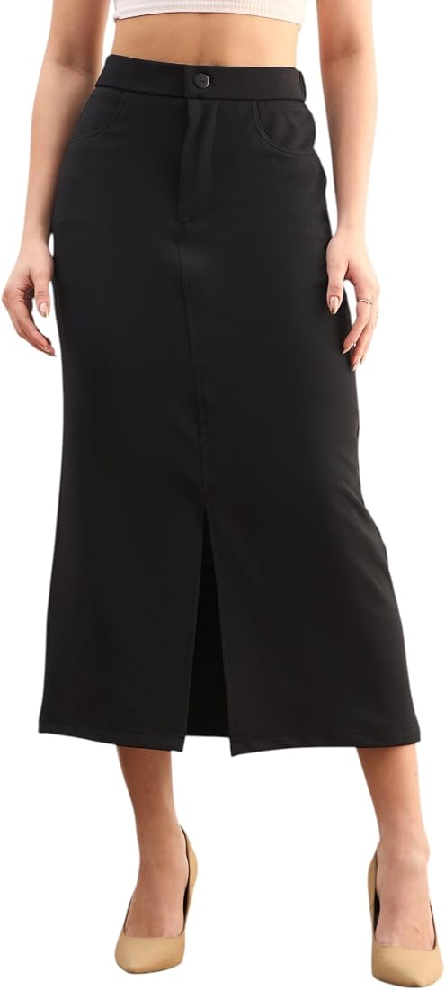Buy Sassafras worklyf Women's Black Front Slit Midi A Line Skirt-S