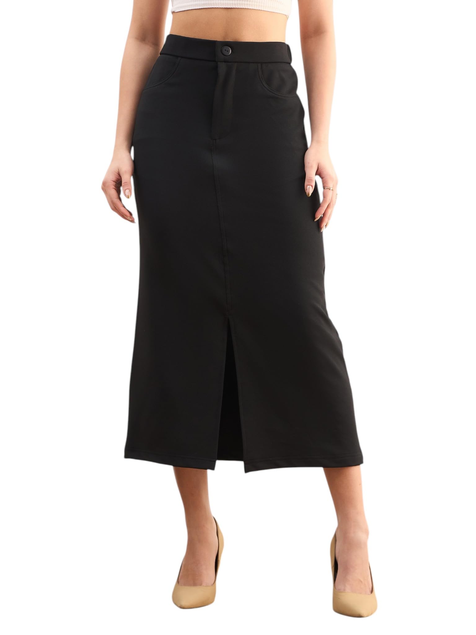 sassafras worklyf Women's Front Slit Midi A Line Skirt-picture-11