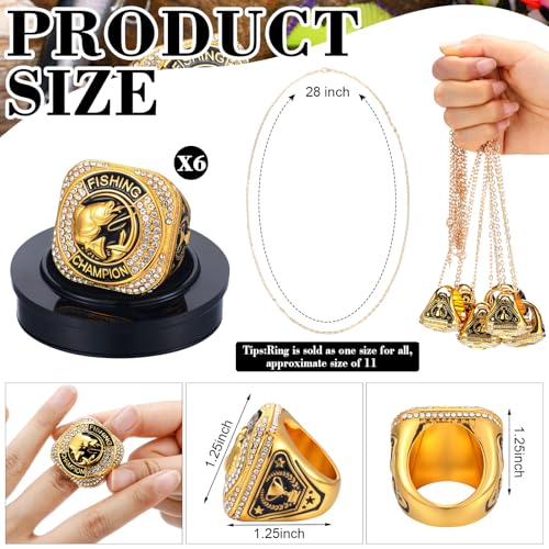 Liliaafar 6 Sets Fishing Championship Trophy Ring Gold Ring Awards Prize with Display Neck Chain and Stand Large Mouth Bass Trophies Gift for Fishing Tournaments Competitions Ceremonies, Size 11 by Liliaafar - Used condition - Image 2