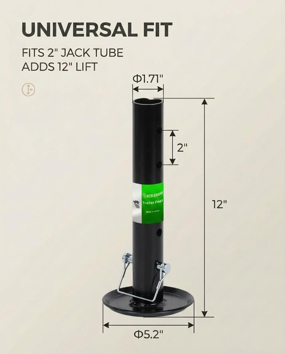 Black Adjustable Trailer Jack Foot Plate Fits 2-Inch Diameter Tube,Supports 5,000 lbs Capacity with Pin Base,12" Lift for Boat RV Camper Trailer
