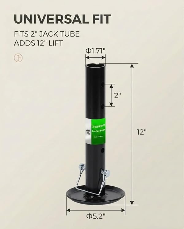 BEBLEPANY Black Adjustable Trailer Jack Foot Plate Fits 2-Inch Diameter Tube,Supports 5,000 lbs Capacity with Pin Base,12" Lift for Boat RV Camper Trailer by BEBLEPANY - Image 3
