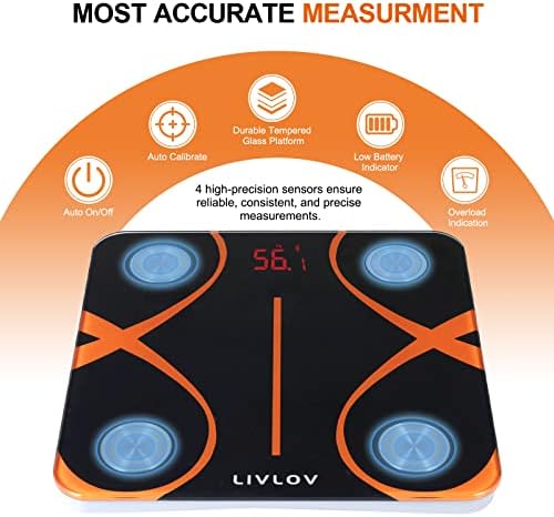Digital Bathroom Body Fat Scale: LIVLOV V10 Smart Weight Scales Bluetooth Weighing Scale for Body Weight - Body Composition Monitors with Smart App for Fitness, Weight Loss, BMI, Muscle Mass Track
