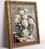 Vintage Gold Framed Hydrangea Wall Art - White Hydrangea Floral Still Life Oil Painting Print, Neutral Flower...