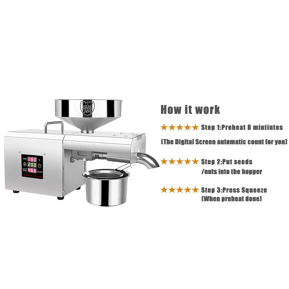 hzexun Automatische Ölpresse für Speiseöl,Leinsamen, Hanfsamen, Erdnusssamen, Rizinussamen, Perilla-Samen, Rapsamen, Sesamsamen
