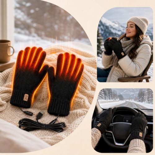 USB Electric Heated Gloves Soft Knitting 45-65°C 3 Temp Mode，Black | 5×9'' Touchscreen Fuction Electric Hand Warmers Winter Warm Gloves for Work Driving Hiking Exercise Running Gifts for Mom — view 4