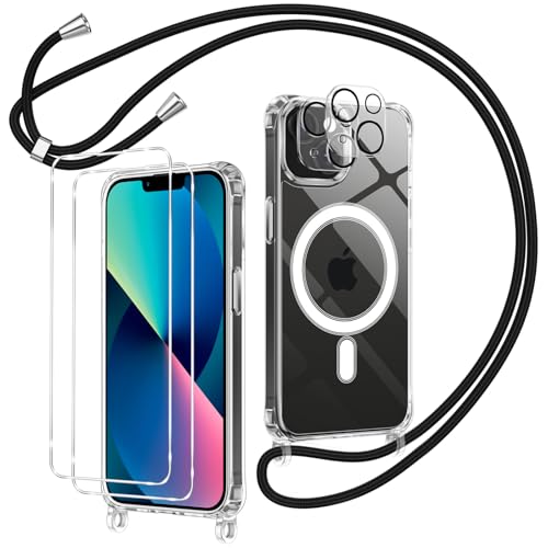 Olgary Funda magnética para iPhone 13 con banda + 2 protectores de pantalla y 2 protectores de cámara, TPU suave, resistente a los golpes, con cordón para colgar, funda transparente para iPhone 13