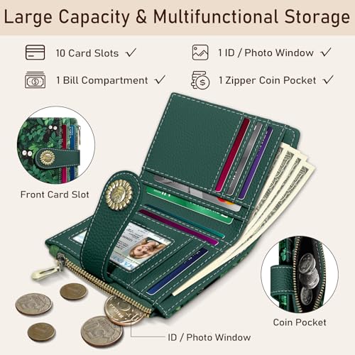 Image of Kelvoris Cute Green Black Cats Small Rfid Women Wallet Zipper Coin Pocket | Bifold PU Leather Compact Cash Credit Card Holder Travel Purse for Female Ladies Teen Girls 1 ID Window 10 Card Slots