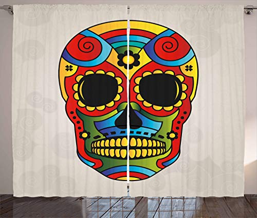 Ambesonne Sugar Skull Curtains, Vibrant Colored Macabre Mexico Latin Tradition