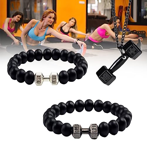 Dumbell Bracelet, Weighted Bracelet For Men, Dumbbell Bracelet For Men, 8mm Volcanic Rock Bracelet Set Black Necklace2