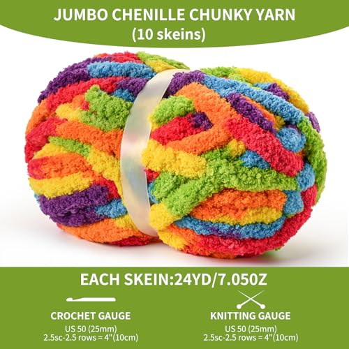 Image of 10 Pack Jumbo Chunky Yarn for Hand Knitting, Fluffy Variegated Chunky Chenille Yarn for Crocheting, 240yds /70.5oz Super Bulky Soft Crochet Baby Blanket Yarn(Rainbow)