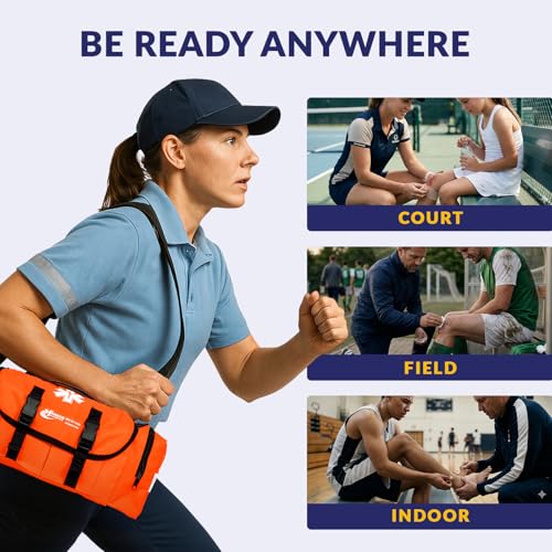 Image of MFASCO Sports First Aid Kit Bag - 326-Piece Athletic Medical Kit in Orange EMT Bag, Coach's First Aid Kit for Youth Sports, Soccer, Football, Emergency Sports Kit Supplies for Athlete Sports Injuries