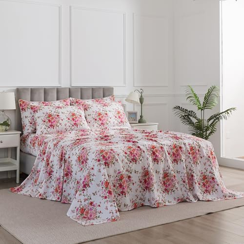 Image of Shabby Floral Chic Bed Sheets Queen Size 100% Cotton 4Pcs Set, Vintage Pink Red Flower Patterned Deep Pocket Fitted Sheet Set, Soft Percale White Boho Bedsheets, Cute Garden Bedding