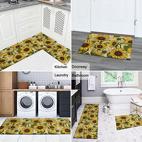 Ideasonna Summer Sunflower Kitchen Rugs Sets Of 2, Sunflower Yellow Kitchen Rug Mat Washable Non-Slip Kitchen Sink Floor Mat Sunflower Kitchen Decor #TOP6