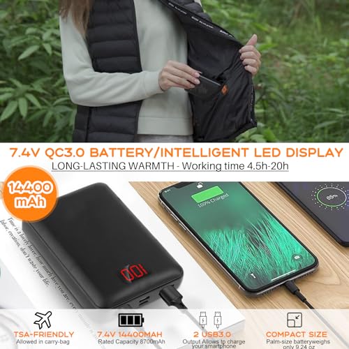 KOPLO 7.4V 14400mAh Rechargeable Battery for Heated Vest, Heated Jacket, Smart Phone(No Adapter)3