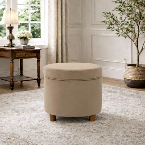 Image of HomePop Home Decor | Upholstered Round Storage Ottoman | Ottoman with Storage for Living Room & Bedroom, Fawn Gray Velvet, Large