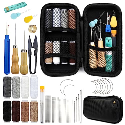 54 pièces Ensemble de couture en cuir Ensemble d'outils en cuir d'artisanat en avec fil de rembourrage 8 couleurs, poinçon à coudre et sac de rangement pour...