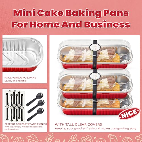 Image of NPLUX Mini Loaf Pans with Lids, 50 Pack Red 6.8oz for Dessert Tables | Use for tasting samples, dessert bars, fruit cups and brownies; cover-after-cooling setup helps cut repacking steps.