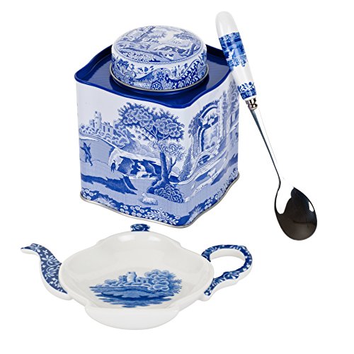 Spode Blue Italian 3 Piece Tea Set; Tea Caddy, Spoon Rest & Spoon