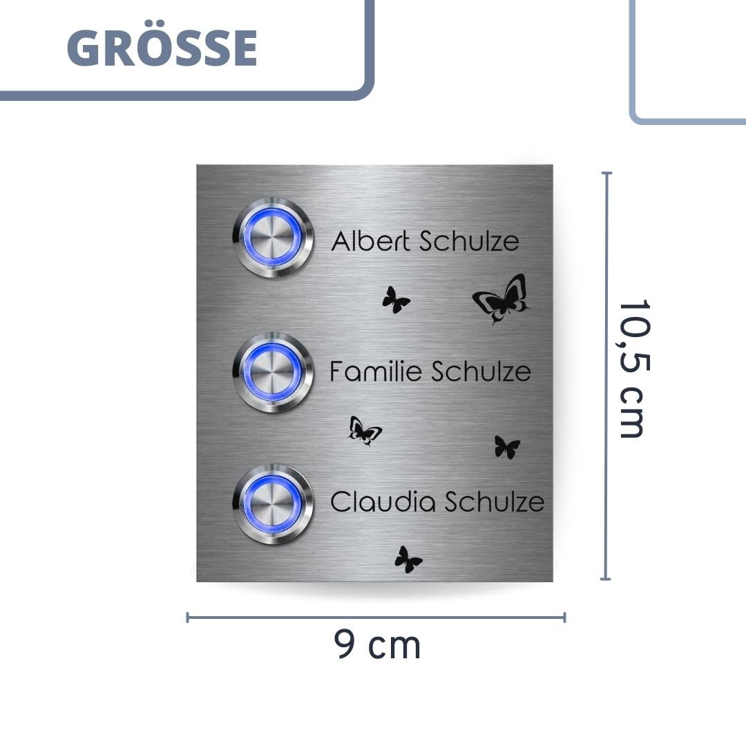 3 Fach Edelstahl Mehrfamilien Türklingeln mit Gravur - Klingel Modell Schulze 9x10,5 cm und Premium LED Klingelknopf | Klingelschilder optional mit schönen Acrylplatten | Gravierte Klingelplatte