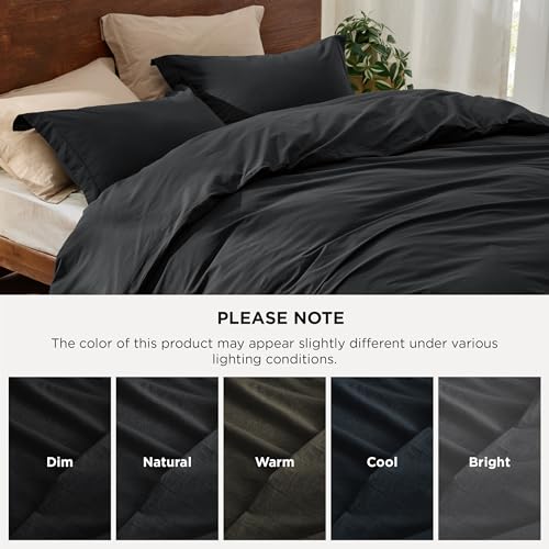 Bedsure 100% Washed Cotton Duvet Cover King Size - Black Minimalist Cotton Duvet Cover Linen Like for All Seasons - GentleSoft™ Plain Simple Bedding (Black, King, 104"x90")