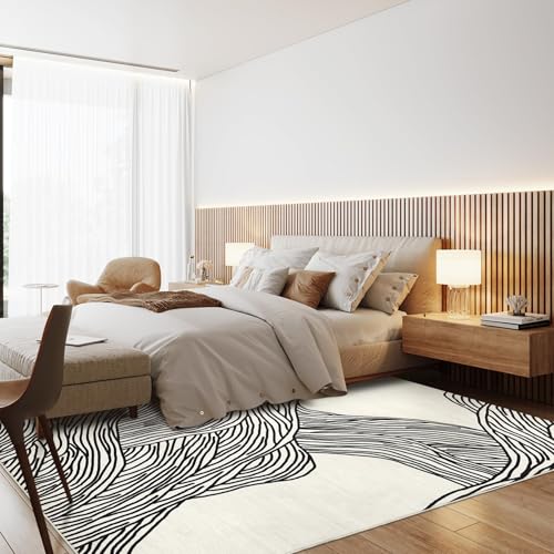 GarveeHome 5x8 Modern Abstract Area Rugs for Living Room Non Slip Backing Washable Rug Indoor Carpet Bedroom Rug Low Pile Non-Shedding Soft Faux Wool Rugs for Dining Room Nursery Office Ivory/Black