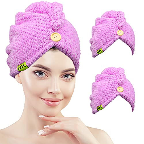 WK Hair Towel Wrap Fast Drying Hair Turban, Anti-Frizz Microfiber Hair Wrap Towel for Women, Super Absorbent Hair Dry Towels for Curly Hair, 2 Pack 25 x 10 Inch (Purple)