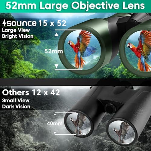 Image of Sounce 15x52 Binoculars for Long Distance | HD Binocular for Adults | IPX7 Waterproof Fog Proof | BAK4 Prism FMC Lens | Bird Watching Wildlife Safari Stargazing Hunting | Durbin with Pouch (Black)