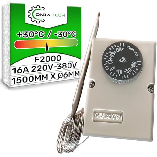 Thermostat universel F2000 Taille capillaire Ø 6 x 1500 mm -30 °C / +30 °C 220 V-380 V 16 A pour une utilisation comme thermostat réfrigérateur climatisé...