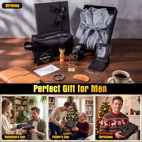 Image of Shyyween 10 Pcs Birthday Gifts Baskets for Men Father Gift Get Well Soon Gifts Beard Care Set Graduation Gift for Him with Bathrobe, Wallet, Beard Comb & Brush Set for Dad Boyfriend Husband(Gray)
