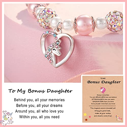 HGDEER Christmas Gifts for Kids Girls | Unicorn Stocking Stuffers for Daughter/Granddaughter/Niece | Pink Pearl and Rhinestone Balls Bracelet | Adjustable Length2