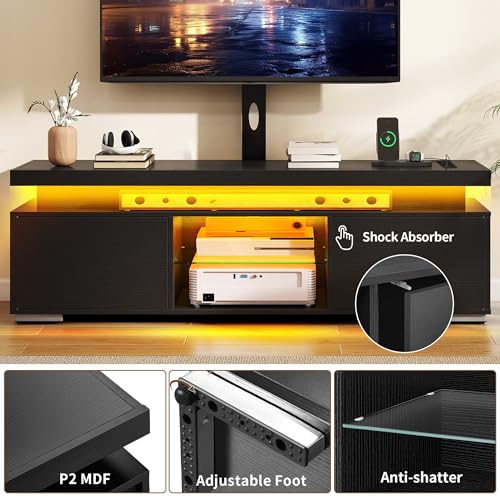 DWVO TV Stands for Living Room, Modern TV Stand for 70/65 inch TV with Mount & Power Outlet, LED Black Entertainment Center with Storage, Gaming Media Stand, Black