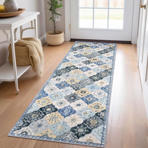 KILOCOCO 2x6 Runner Rug, Moroccan Super Soft Washable Hallway Entryway Runner Rug, Accent Print Faux Wool Kitchen Runner Rug 6 Feet Non-Slip Boho Rug Runner for Bedroom, Beige Blue/Yellow/Multi