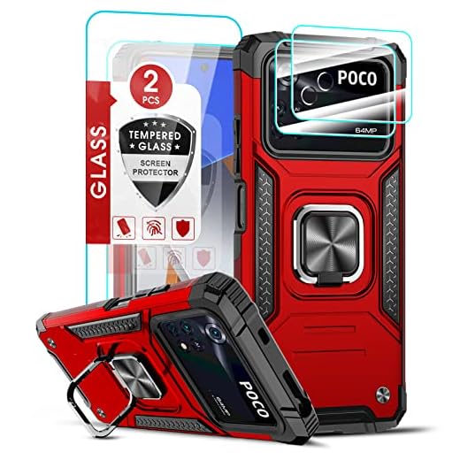 LeYi Coque pour Xiaomi Poco M4 Pro 4G(Pas 5G) avec 2 Verre Trempé+2 Caméra Protector, [Béquille 360° Support] Militaire Renforcée Intégrale Rigide PC et TPU Silicone Etui Housse Full Protection Rouge