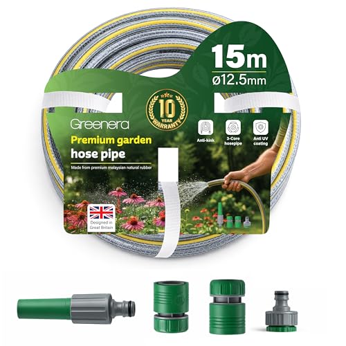 Garden Hose Pipe 12.5mm x 15m Starter Set Including 2 in 1 Faucet Tap Adapter Hose End Quick Connector and Sprayer Re-Enforced PVC Layering Hard-Wearing Hosepipe for Outdoor Garden Car Washing