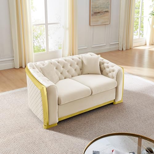 Image of KEIKI 62 inch Luxury Oversized Velvet Chesterfield Sofa with 2 Pillow & Gold Stainless Decoration, Italian Modern Style 2-Seater Button Tufted Couch with Rolled Arms, Easy Assembly, for Living Room, Beige