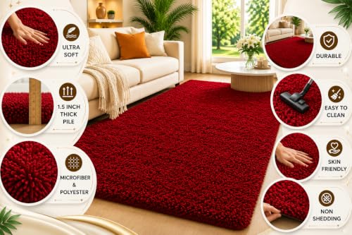Image of Shaggy Carpet 3x5 Ft for Living Room & Bedroom (Red)