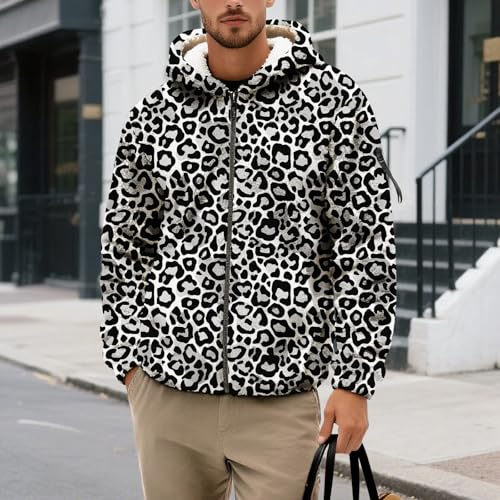 Men's Zip Up Fleece Hoodie Leopard Print Hooded Jacket Fuzzy Sherpa Long Sleeve Fall Winter Trendy Casual Warm Coat2