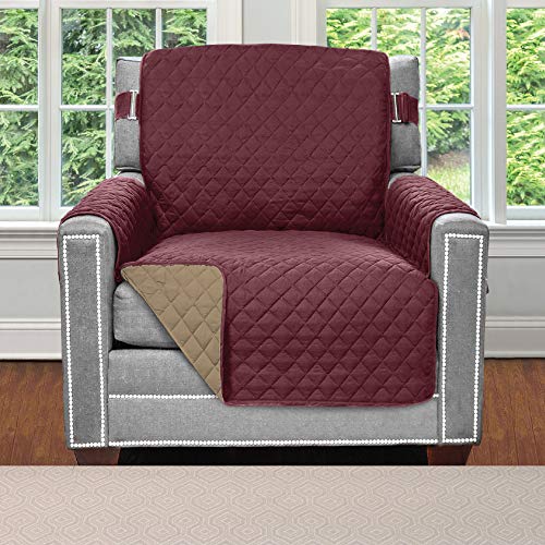 Sofa Shield Original Patent Pending Reversible Chair Protector for Seat Width up to 23 Inch, Furniture Slipcover, 2 Inch Strap, Chairs Slip Cover Throw for Pets, Kids, Cats, Armchair, Burgundy Tan