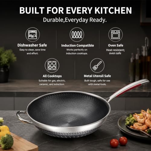 12.6" Lake Tian Tri-Ply Chemical Free Laser Etched Honeycomb Nonstick Stainless Steel Wok Pan w/ Glass Lid - image 8