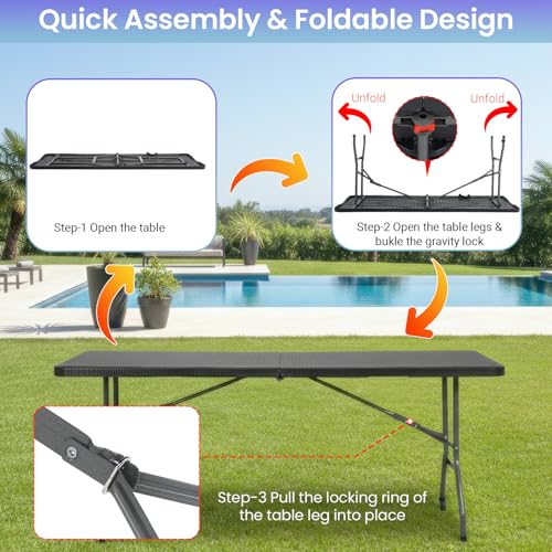 Image of FDW 6FT Folding Table, Portable Fold-in-Half Plastic Picnic Party Table with Carrying Handle (Black Ratten, 6FT)