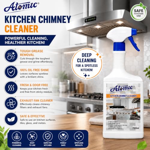 Image of Atomic Kitchen Chimney Cleaner 700ml | Powerful Grease & Oil Remover Spray | Deep Cleaning for Chimney, Filters & Exhaust Fan | Spray & Shine Kitchen Cleaner