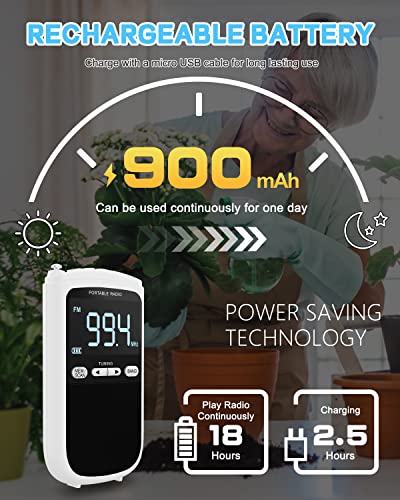 Greadio Portable Am Fm Radio, Walkman Transistor Battery Radio With Rechargeable 900Mah Battery, Best Reception, Digtal Lcd Screen, Time Seting Pocket Mini Radio For Home, Office, Kids (White) #TOP1