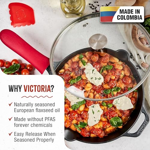 Image of Victoria 12-Inch Cast Iron Skillet Set with Tempered Glass Lid, Large Handle Cover, and Pan Scraper