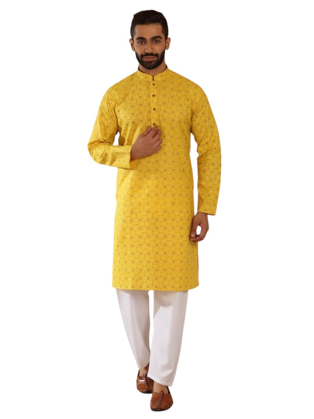 Men Floral Printed Geometric Cotton Blend Straight Yellow Kurta With White Elastic Waistband Pyjama Set (XL)-image-2