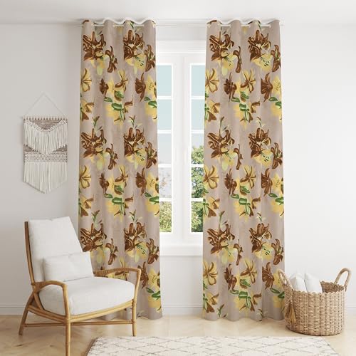 Image of Digital Printed Big Flower Eyelet Polyester Curtains - Brown, 9 Feet, Pack of 2