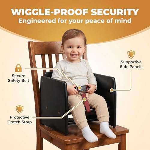 Image of Black Wooden Dining Seat Riser for Restaurant Chairs - Stackable Rubberwood Seat Platform with Chair Strap & Non-Slip Pads, Commercial Restaurant Seating Accessory