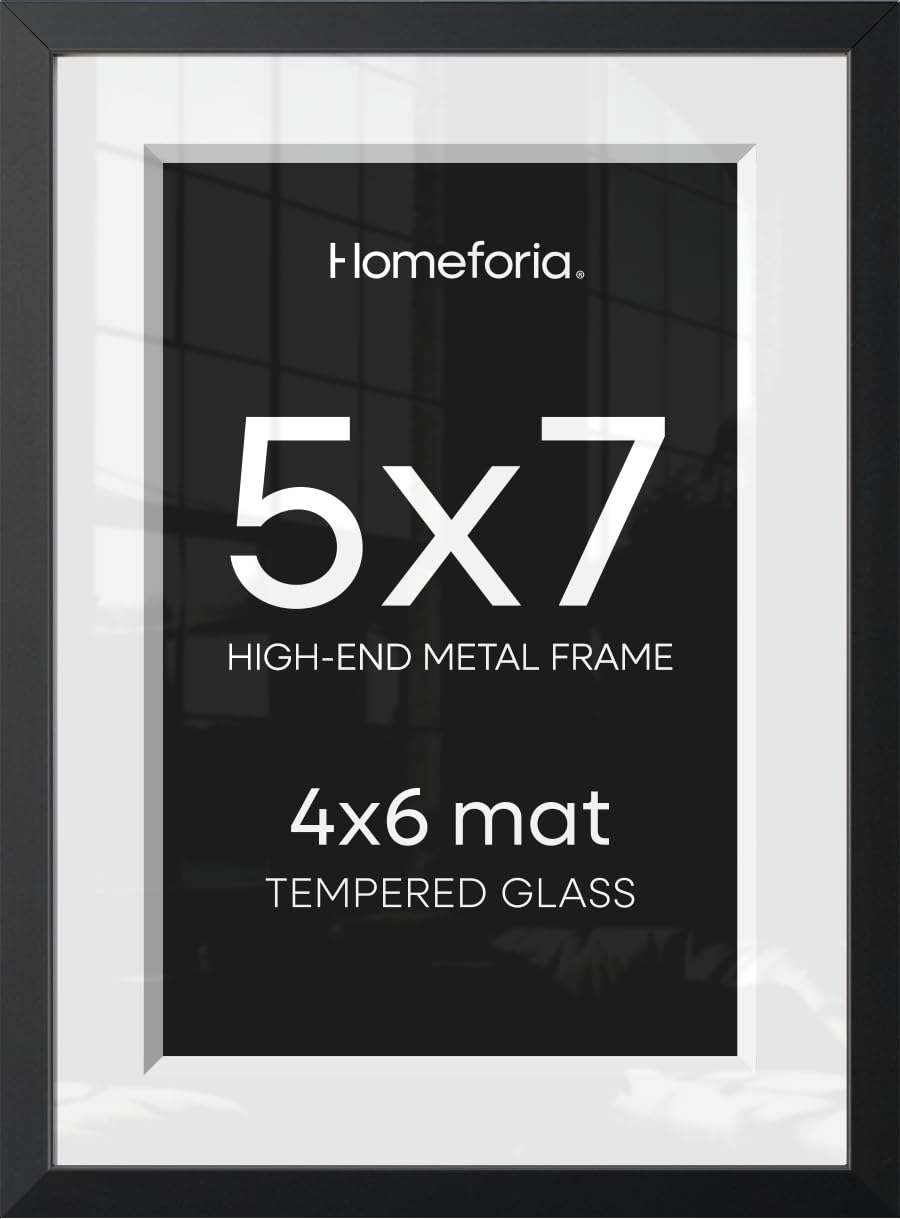 Homeforia 5x7 Black Picture Frame, High-End Metal, 4x6 Mat, Glass