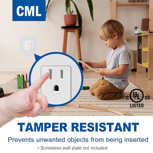 Image of CML 15 Amp Decorator Wall Recetpacle Outlet, 50 Pack Tamper Resistant (TR) Decor Standard Electrical Outlets, 15A /125V, 2 Pole 3 Wire, UL Listed, White